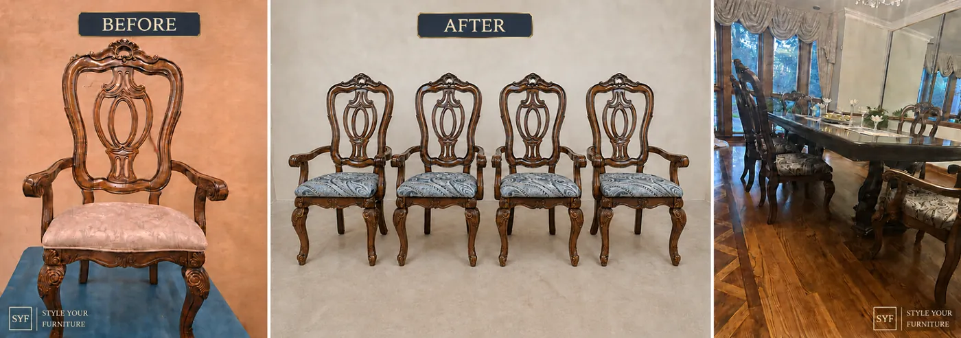 Carved dining chairs before restoration, after restoration and installed in the client's dining room