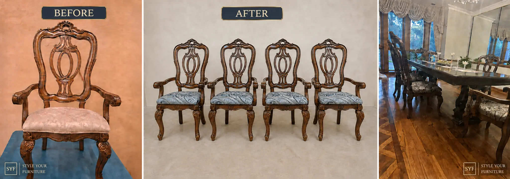 Restored carved dining chairs before, after and in the client's dining room