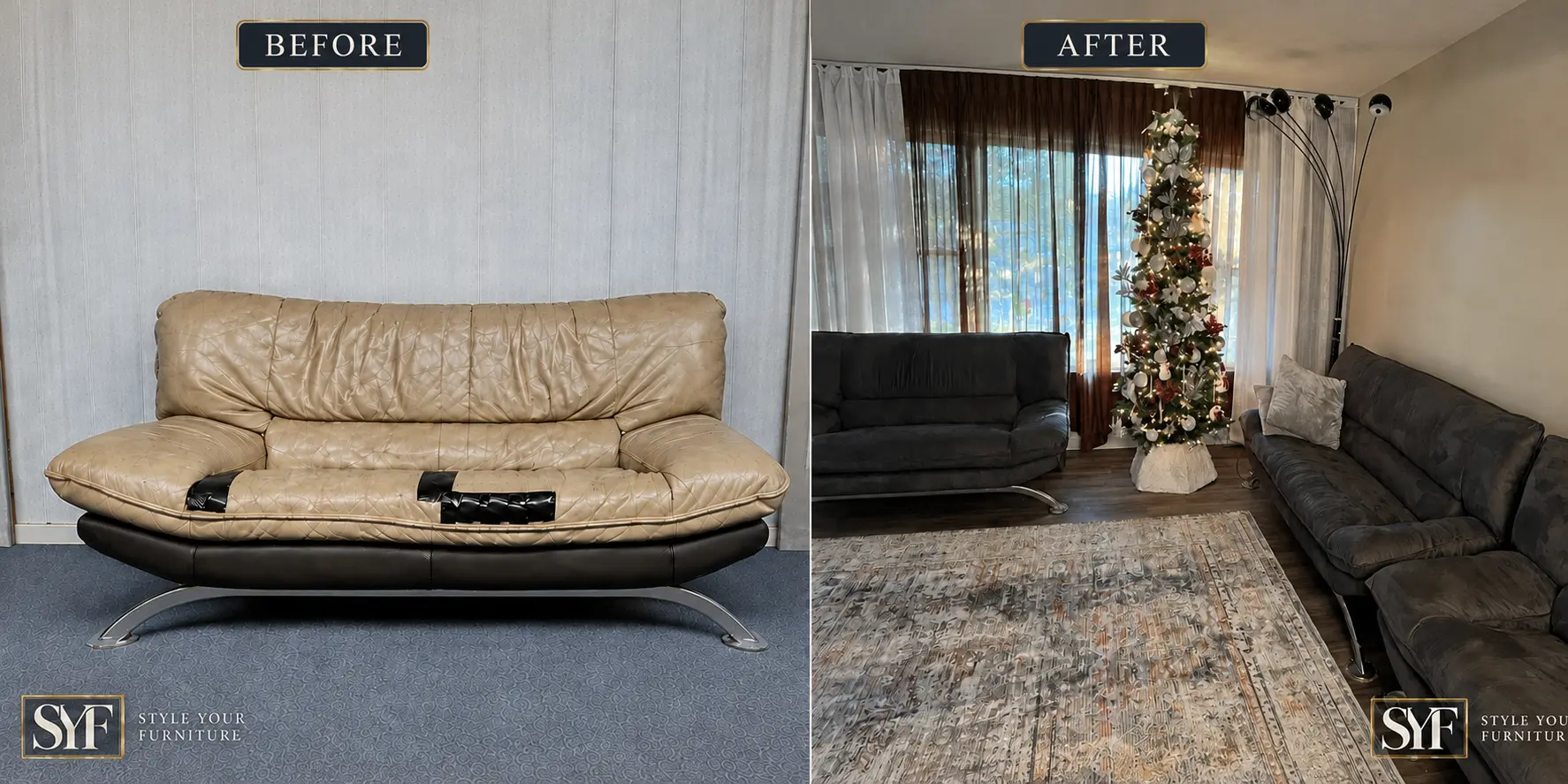 Leather sofa before and after a complete upholstery transformation