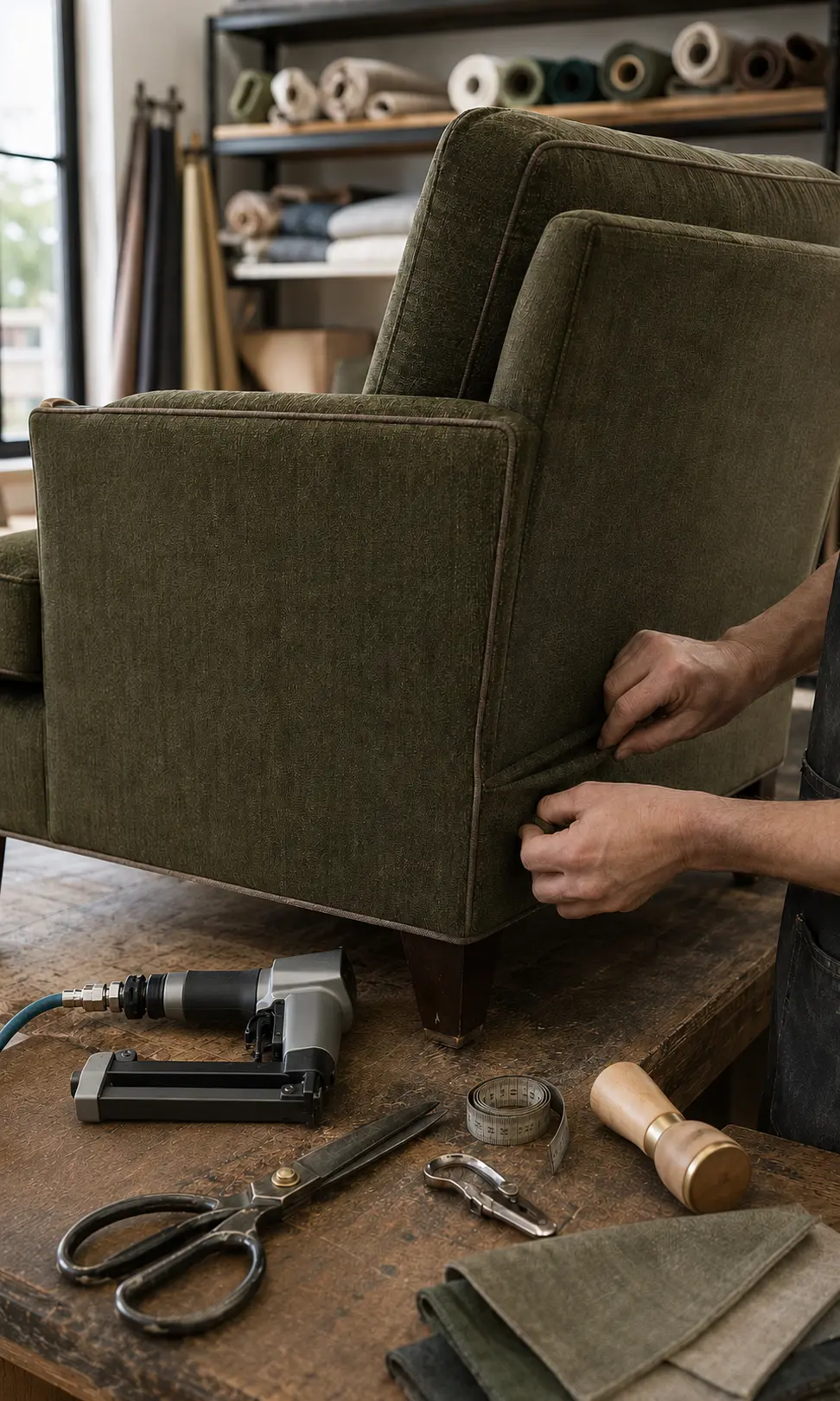 Professional upholstery work on a modern chair with premium tools